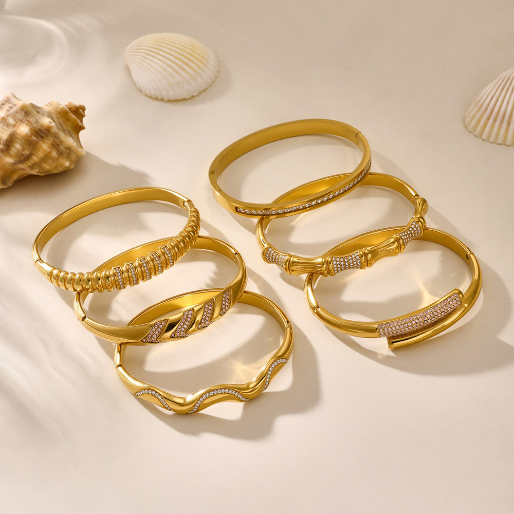 316L Stainless Steel Geometric Bamboo Joint 5A Zircon PVD Gold Bracelet