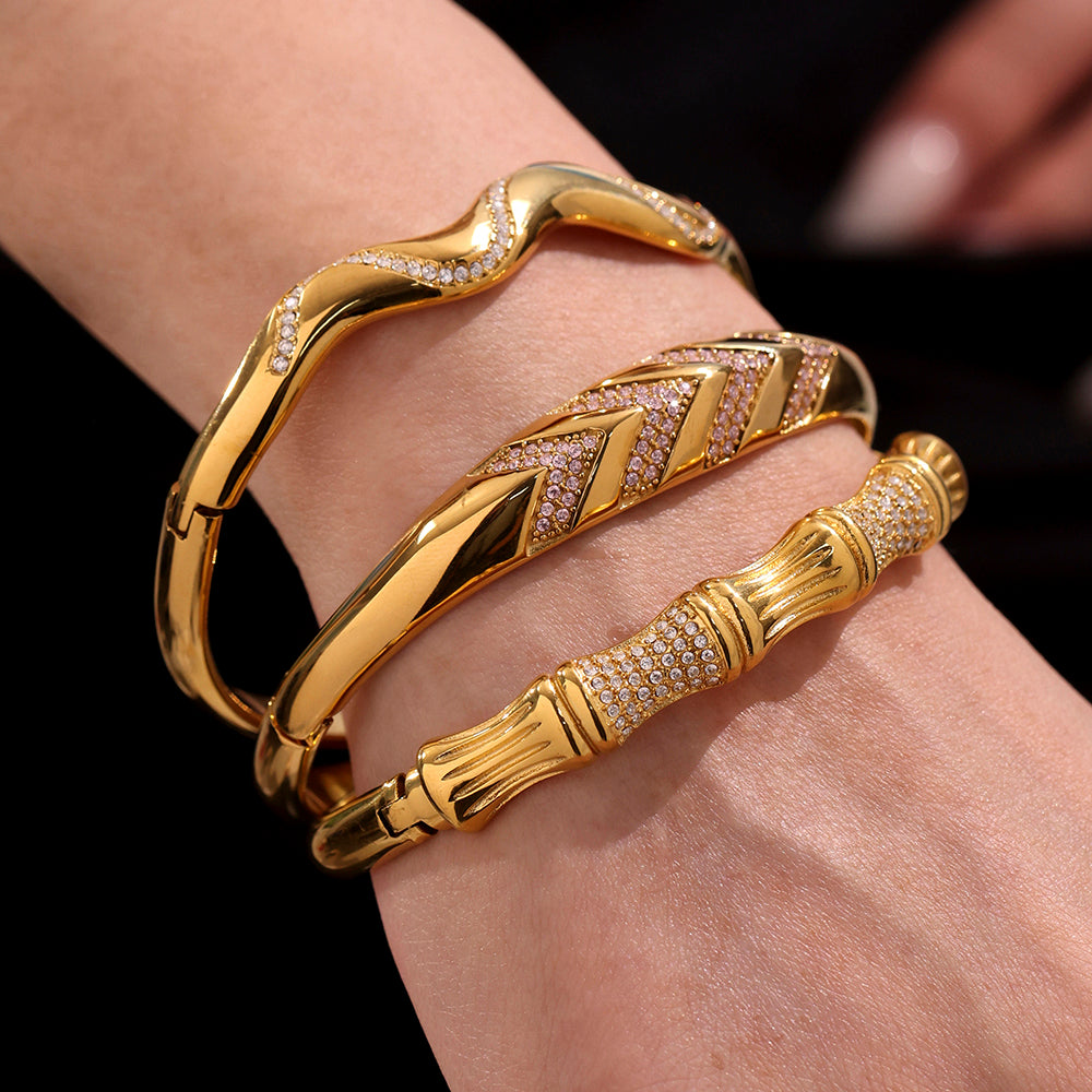 316L Stainless Steel Geometric Bamboo Joint 5A Zircon PVD Gold Bracelet