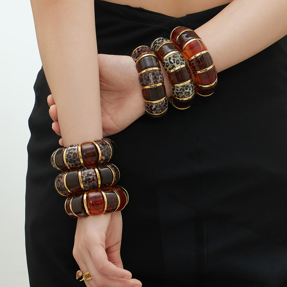 316L Stainless Steel Leopard Print Resin Stretch Bracelet with PVD Gold