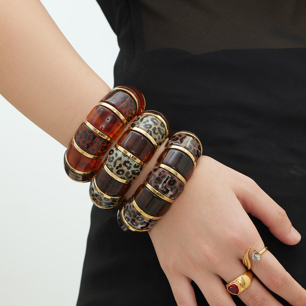 316L Stainless Steel Leopard Print Resin Stretch Bracelet with PVD Gold