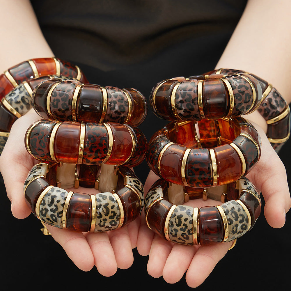 316L Stainless Steel Leopard Print Resin Stretch Bracelet with PVD Gold