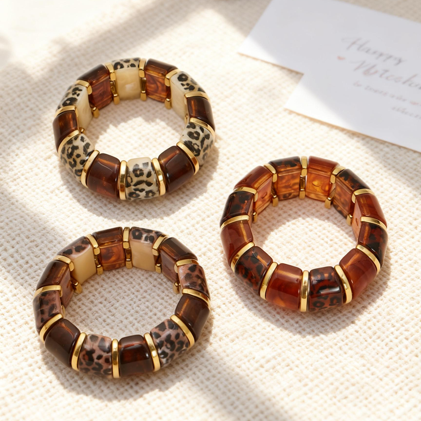 316L Stainless Steel Leopard Print Resin Stretch Bracelet with PVD Gold