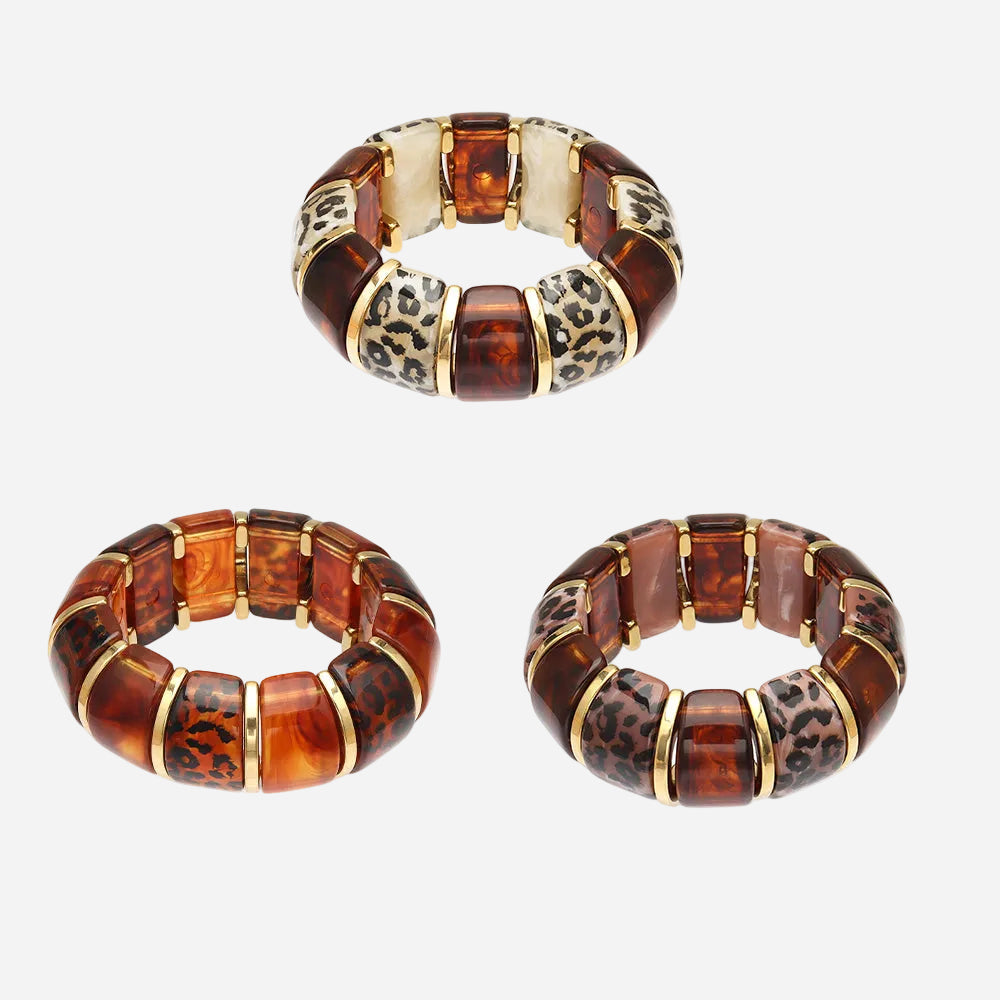 316L Stainless Steel Leopard Print Resin Stretch Bracelet with PVD Gold