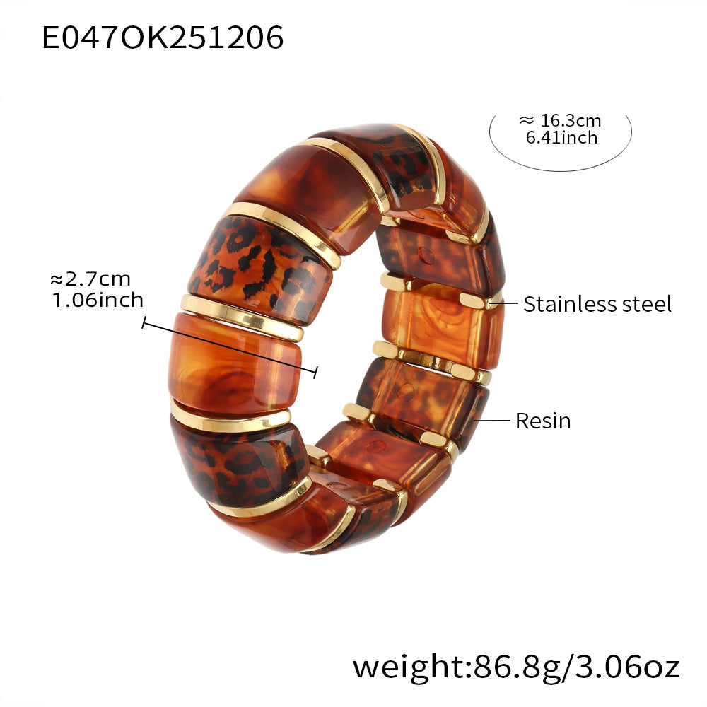 316L Stainless Steel Leopard Print Resin Stretch Bracelet with PVD Gold