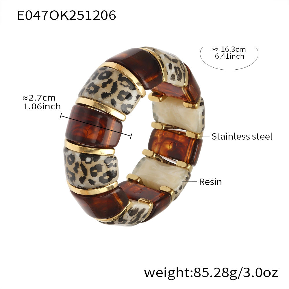 316L Stainless Steel Leopard Print Resin Stretch Bracelet with PVD Gold