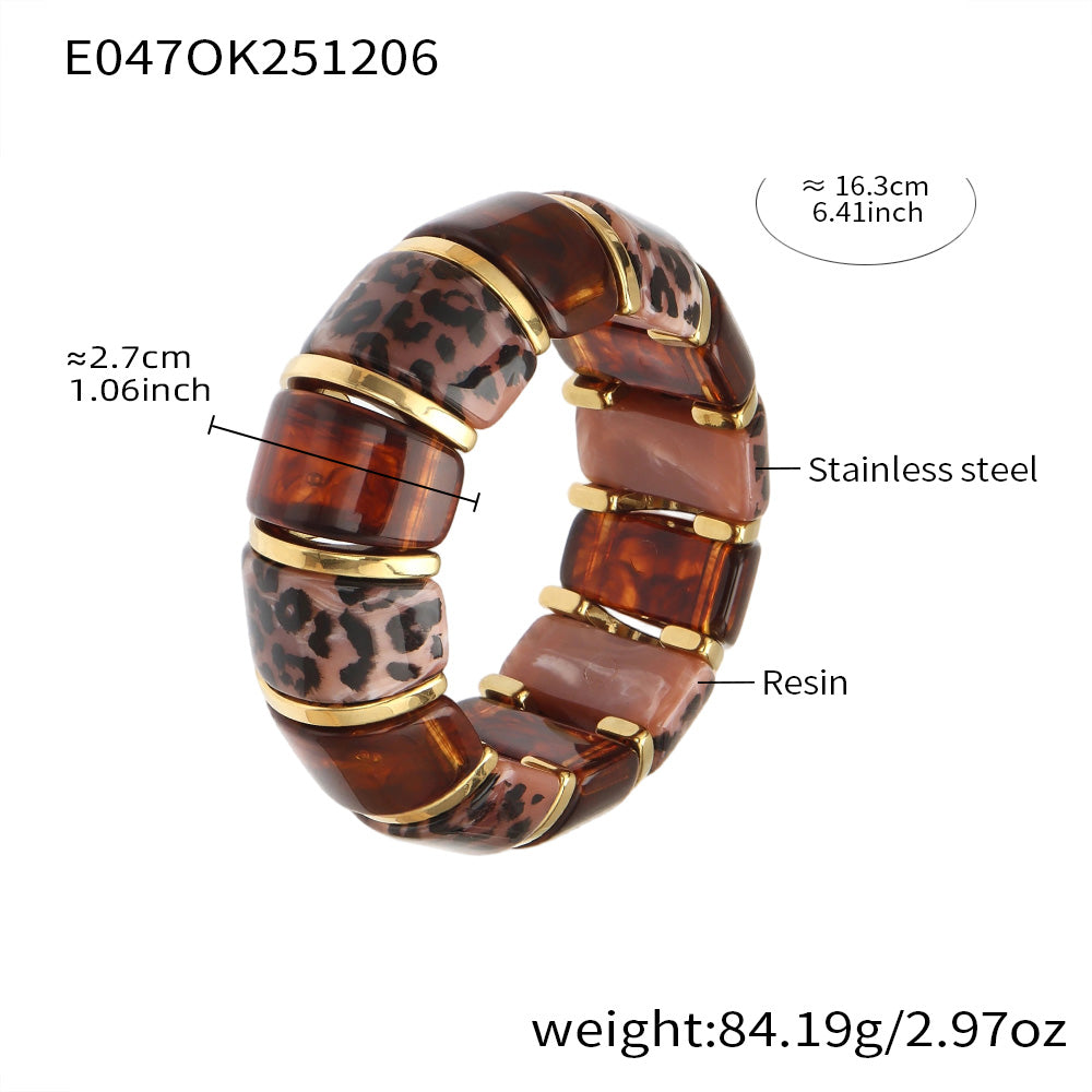316L Stainless Steel Leopard Print Resin Stretch Bracelet with PVD Gold