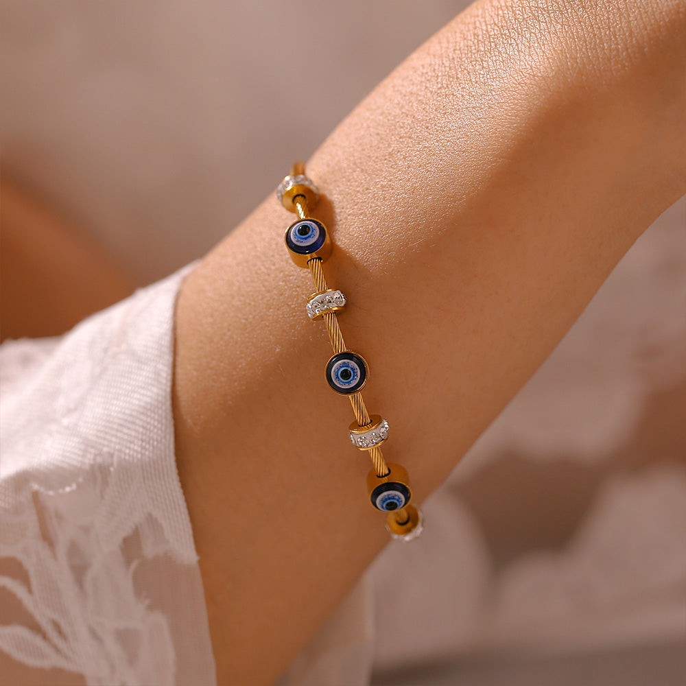 18K Real Gold Plated Titanium Steel Evil Eye Enamel Retro Luxury Diamond Accent Magnetic Bracelet