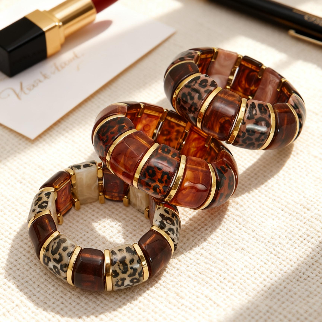 316L Stainless Steel Leopard Print Resin Stretch Bracelet with PVD Gold