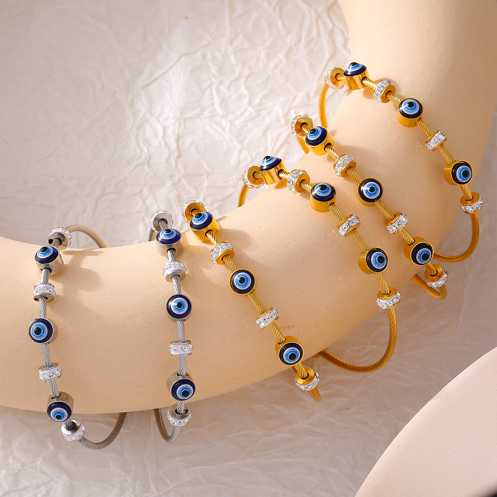 18K Real Gold Plated Titanium Steel Evil Eye Enamel Retro Luxury Diamond Accent Magnetic Bracelet