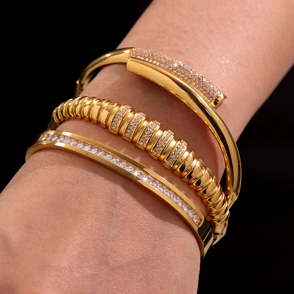 316L Stainless Steel Geometric Bamboo Joint 5A Zircon PVD Gold Bracelet