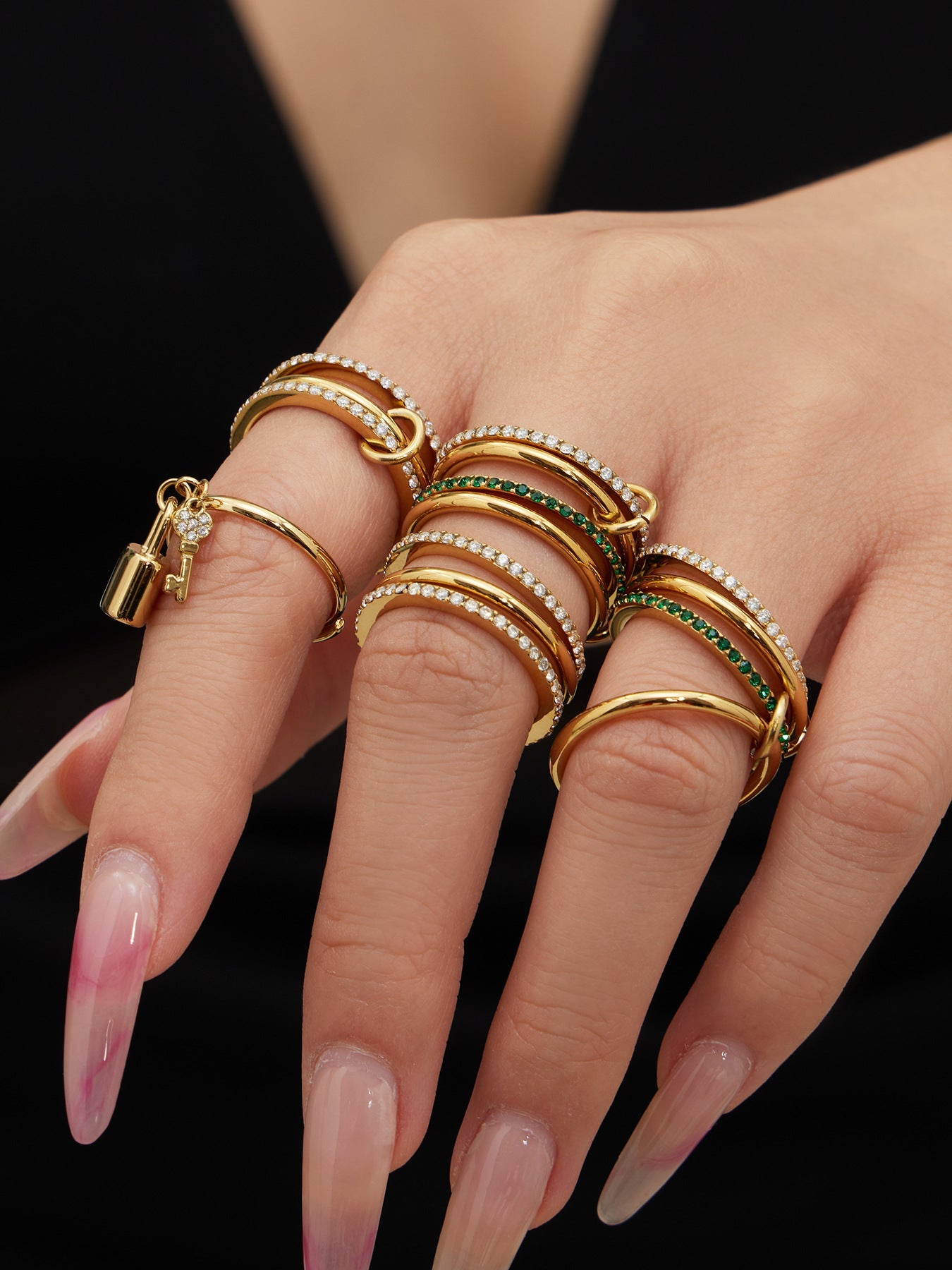 316L Stainless Steel Lock & Key Pave Stacked Ring with 18K Gold PVD