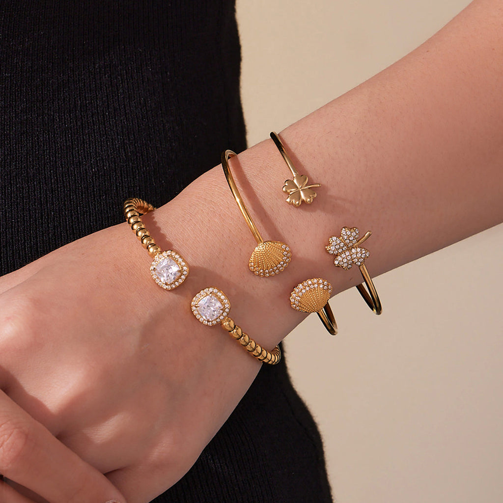 18K Gold Plated Four Leaf Clover Zircon Bracelet Set