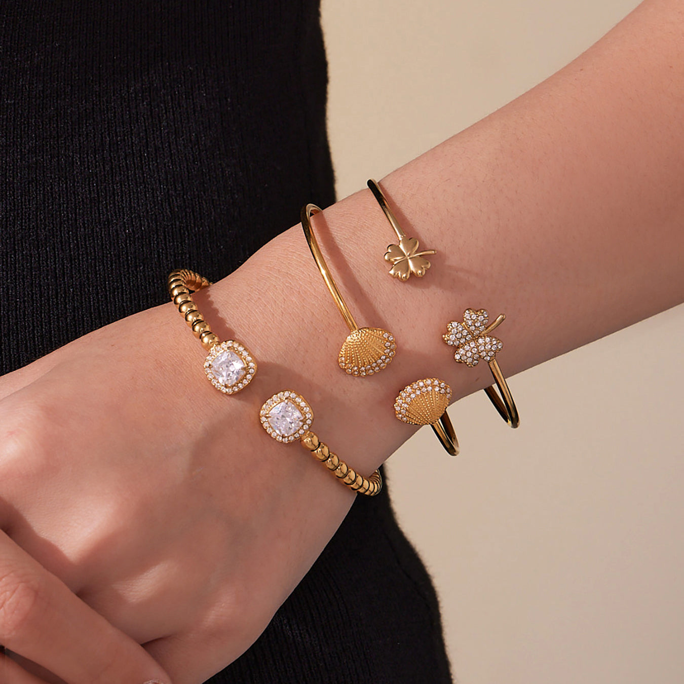 18K Gold Plated Four Leaf Clover Zircon Bracelet Set