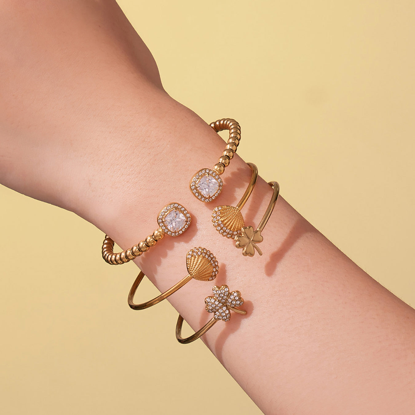 18K Gold Plated Four Leaf Clover Zircon Bracelet Set