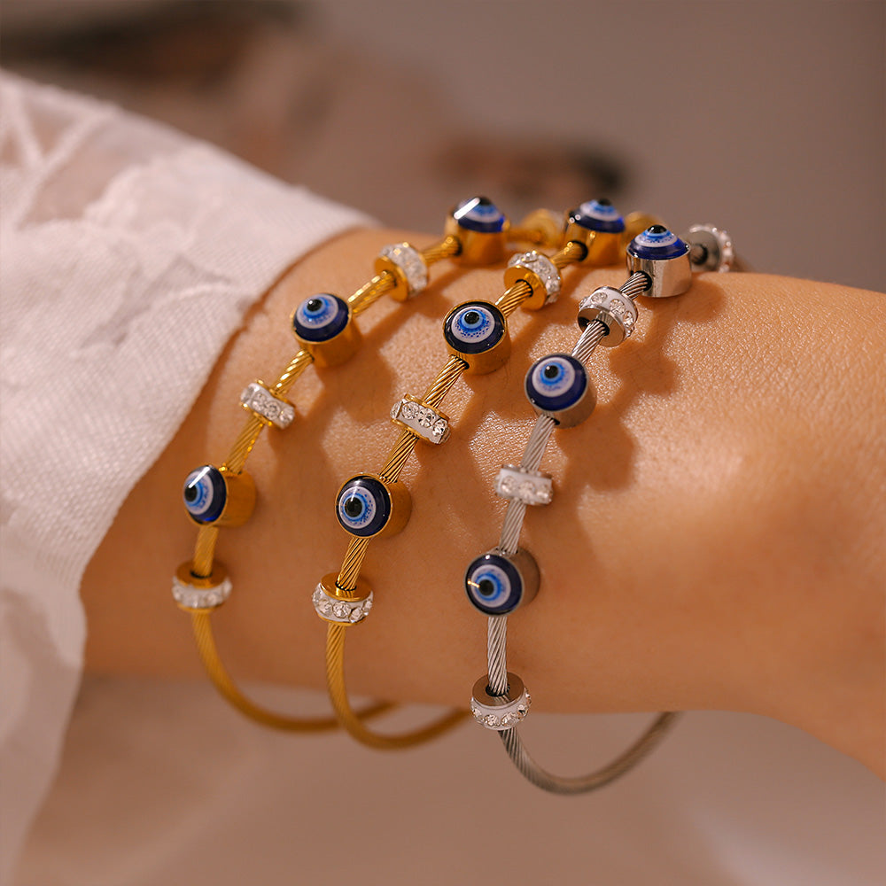 18K Real Gold Plated Titanium Steel Evil Eye Enamel Retro Luxury Diamond Accent Magnetic Bracelet
