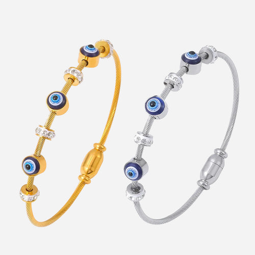 18K Real Gold Plated Titanium Steel Evil Eye Enamel Retro Luxury Diamond Accent Magnetic Bracelet