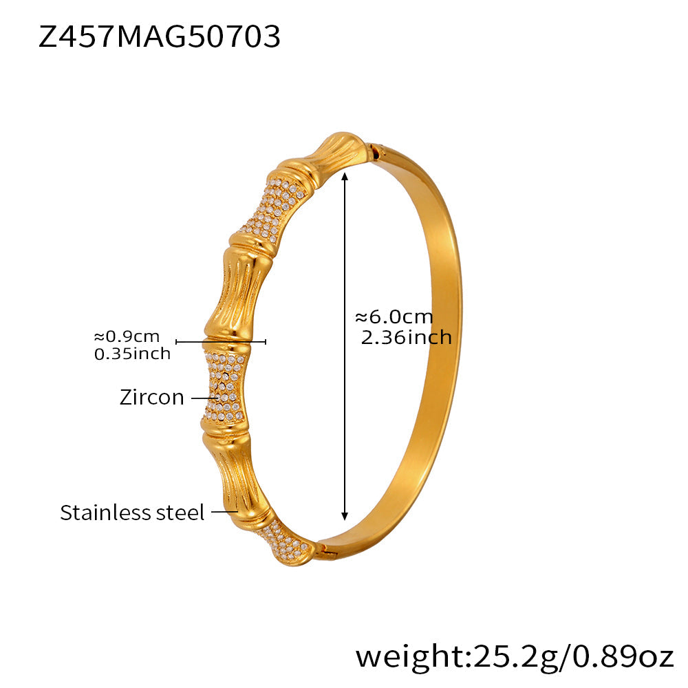 316L Stainless Steel Geometric Bamboo Joint 5A Zircon PVD Gold Bracelet