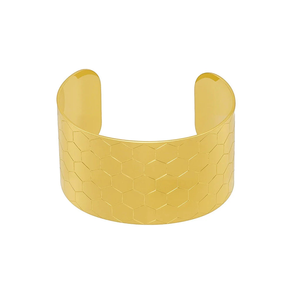 316L Stainless Steel 18K Gold Plated Bold Floral Pattern Adjustable Open Cuff Bracelet