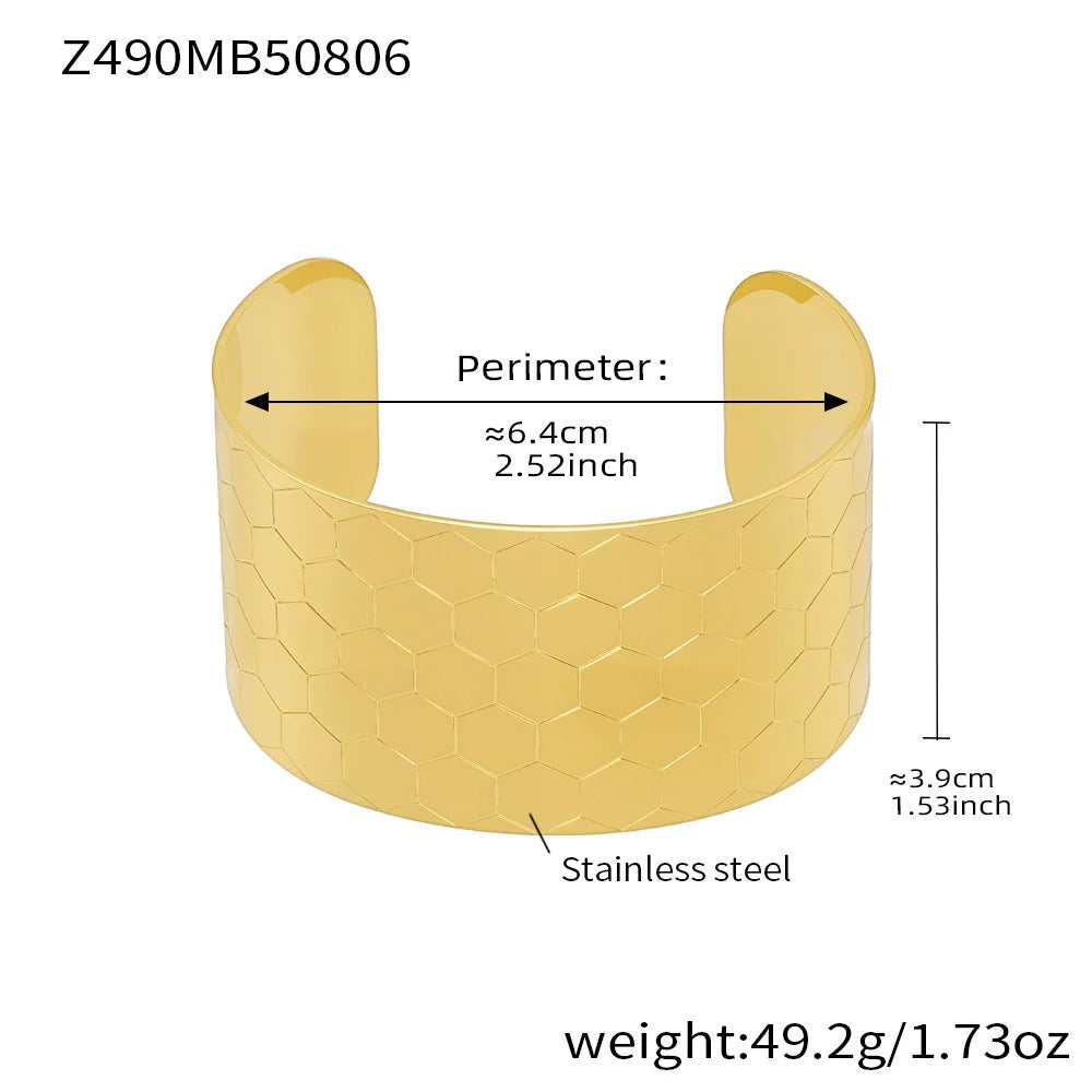 316L Stainless Steel 18K Gold Plated Bold Floral Pattern Adjustable Open Cuff Bracelet