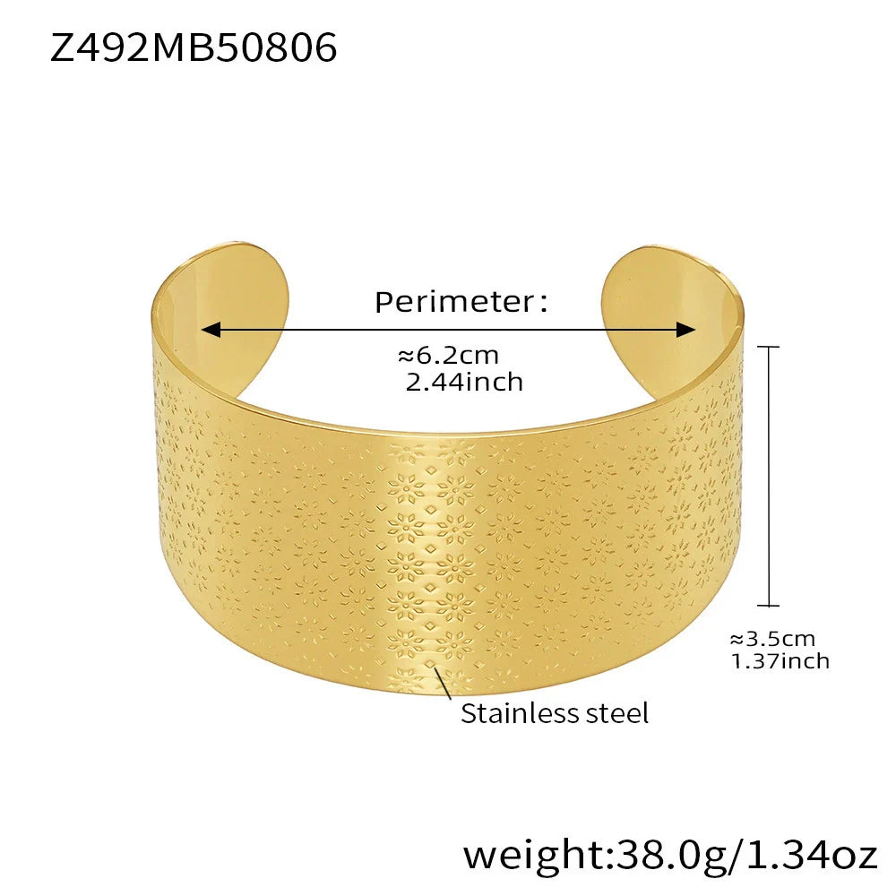316L Stainless Steel 18K Gold Plated Bold Floral Pattern Adjustable Open Cuff Bracelet