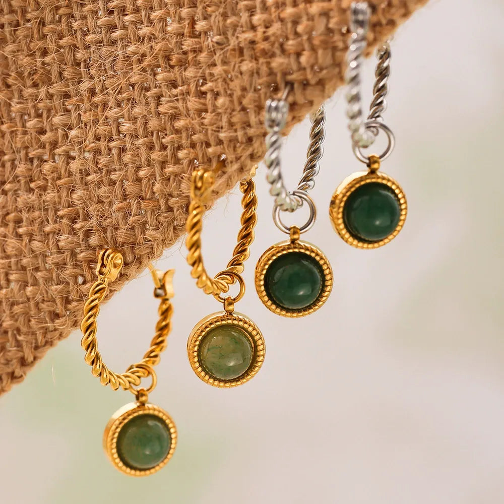 Green Agate Rope Hoop Earrings