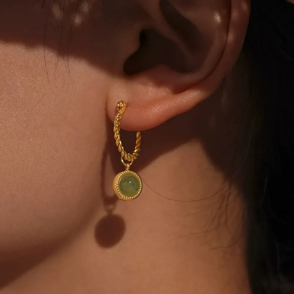 Green Agate Rope Hoop Earrings