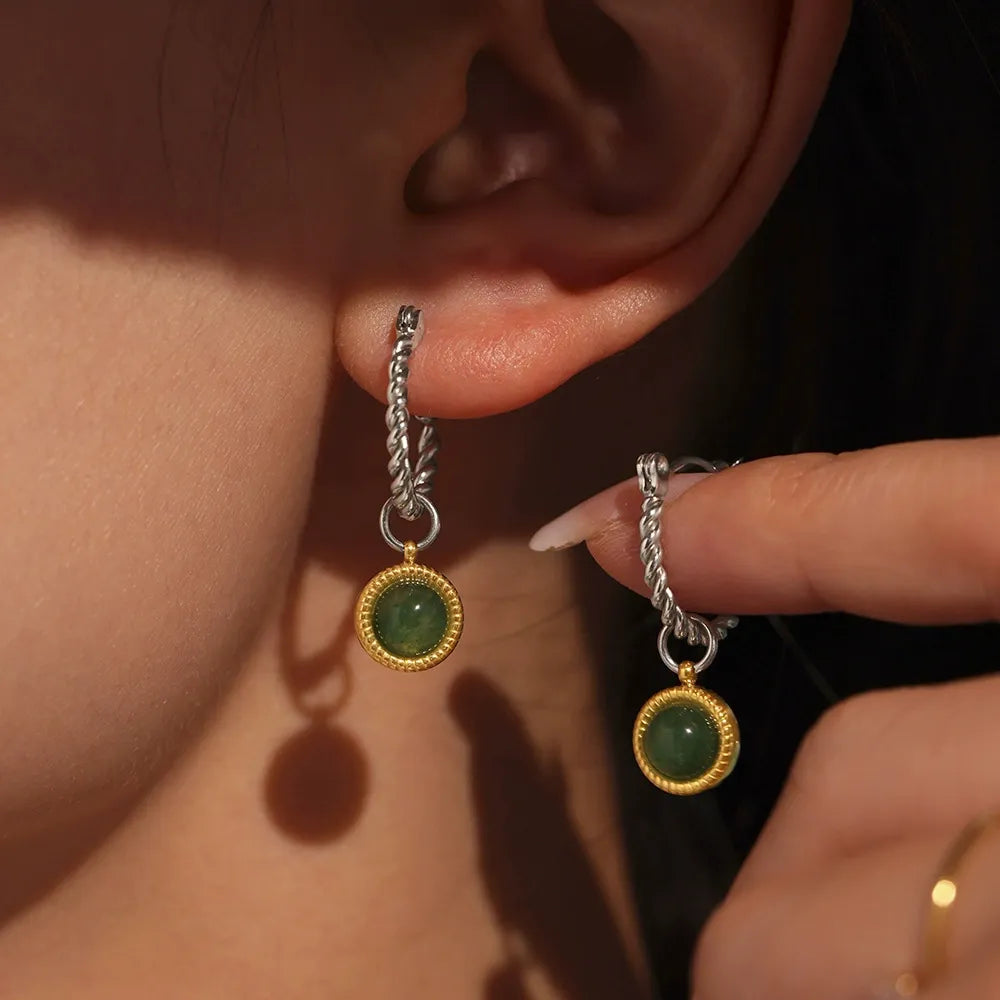 Green Agate Rope Hoop Earrings
