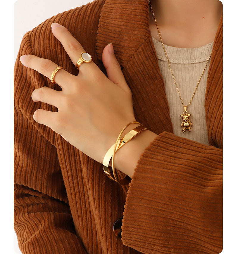 316L Stainless Steel 18K Gold Plated Polished Cross Open Bracelet