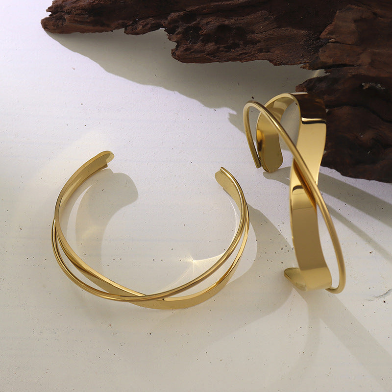 316L Stainless Steel 18K Gold Plated Polished Cross Open Bracelet