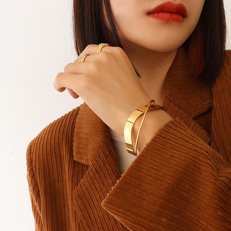 316L Stainless Steel 18K Gold Plated Polished Cross Open Bracelet