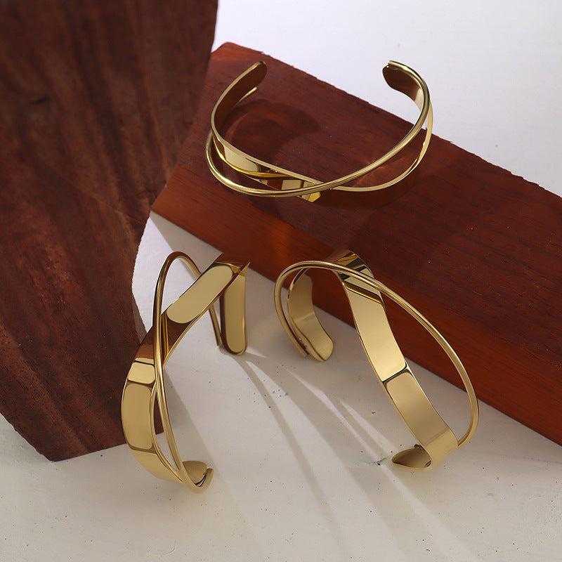 316L Stainless Steel 18K Gold Plated Polished Cross Open Bracelet