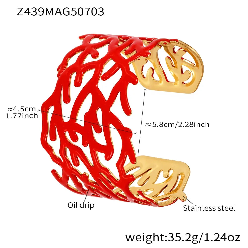 316L Stainless Steel 18K Gold Plated Wide Enamel Open Bracelet