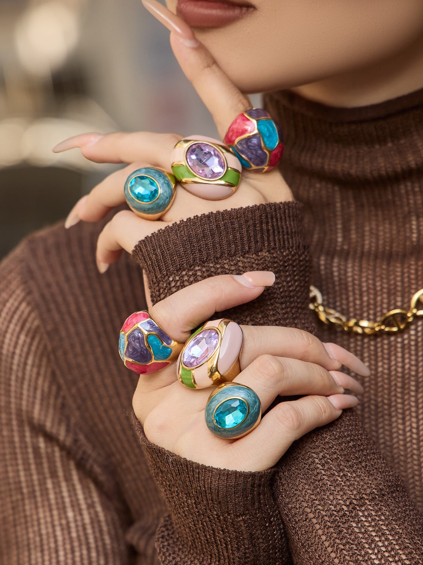 Enamel Oval Glass Stone Ring