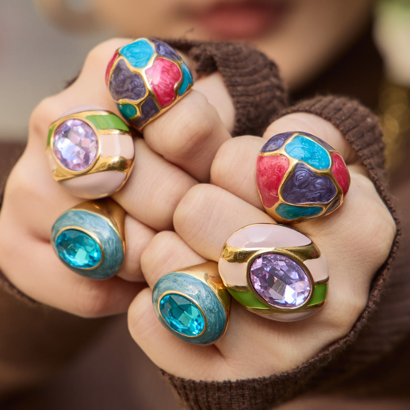 Enamel Oval Glass Stone Ring