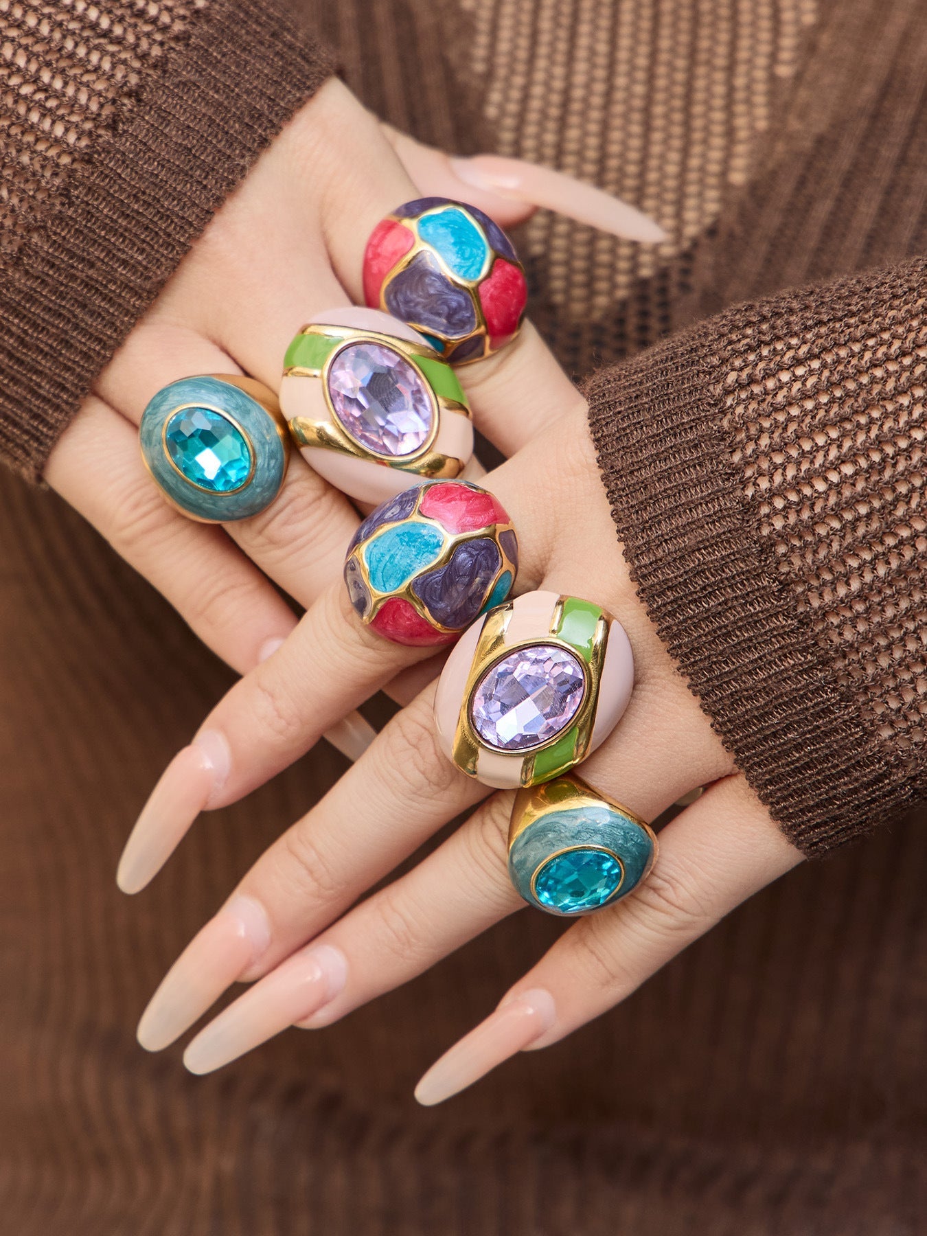 Enamel Oval Glass Stone Ring