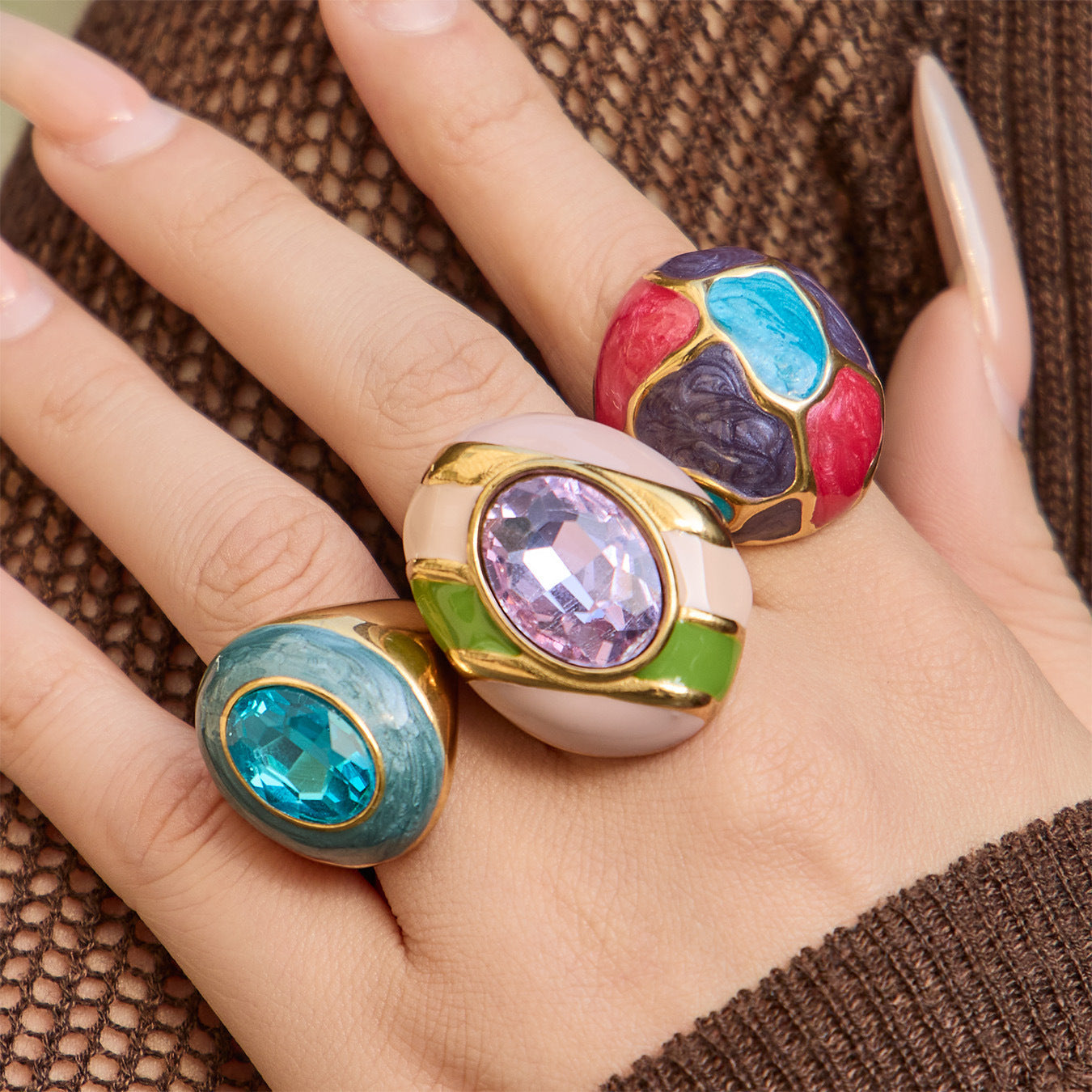 Enamel Oval Glass Stone Ring