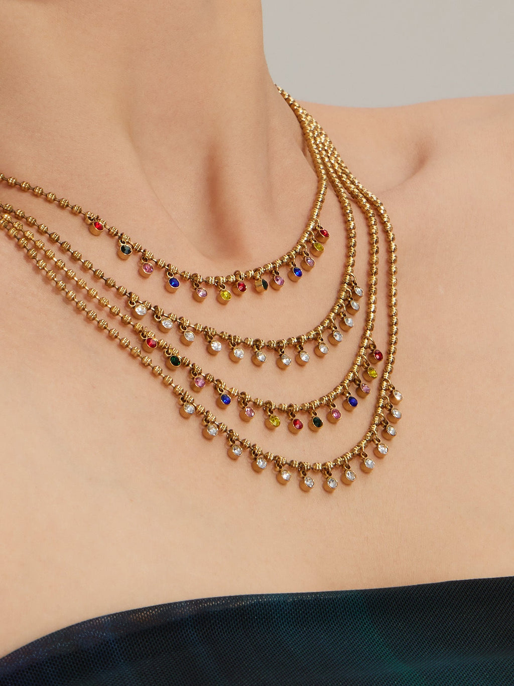 Rainbow Gem Drop Ball Chain Necklace