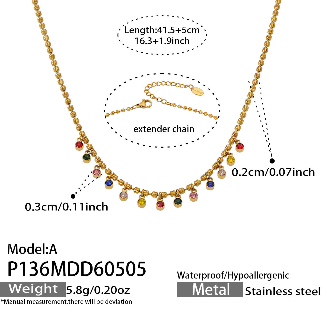 Rainbow Gem Drop Ball Chain Necklace