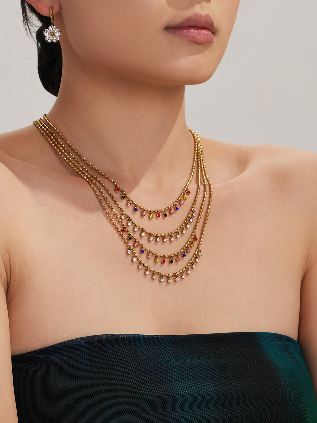 Rainbow Gem Drop Ball Chain Necklace