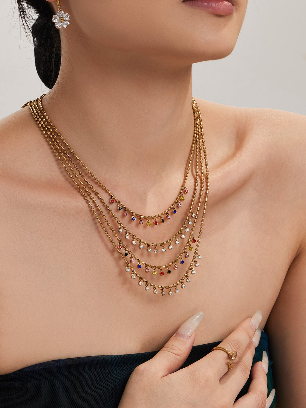 Rainbow Gem Drop Ball Chain Necklace