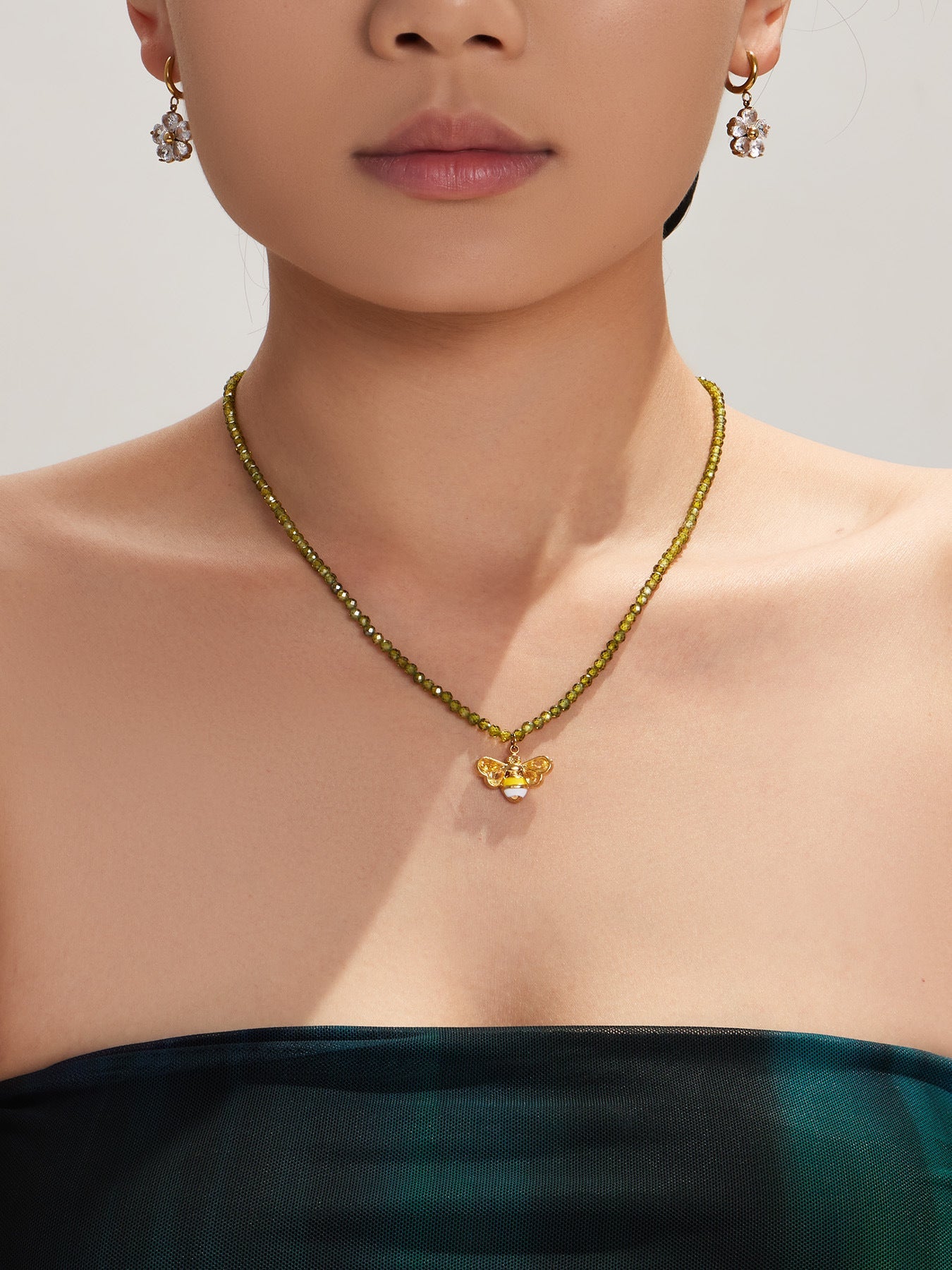 Olive Zircon Bee Pendant Necklace