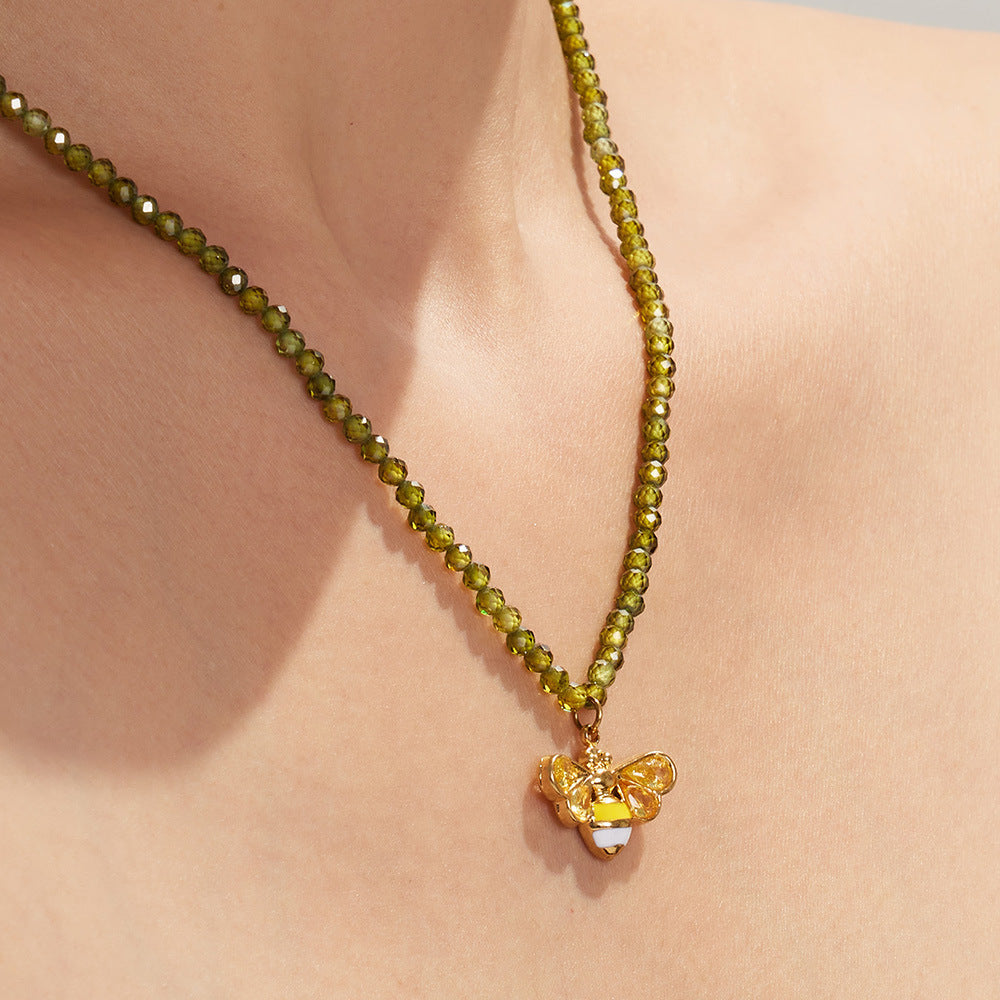 Olive Zircon Bee Pendant Necklace