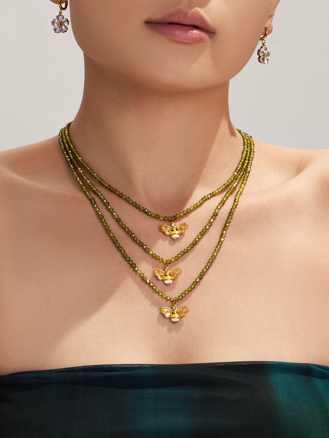 Olive Zircon Bee Pendant Necklace