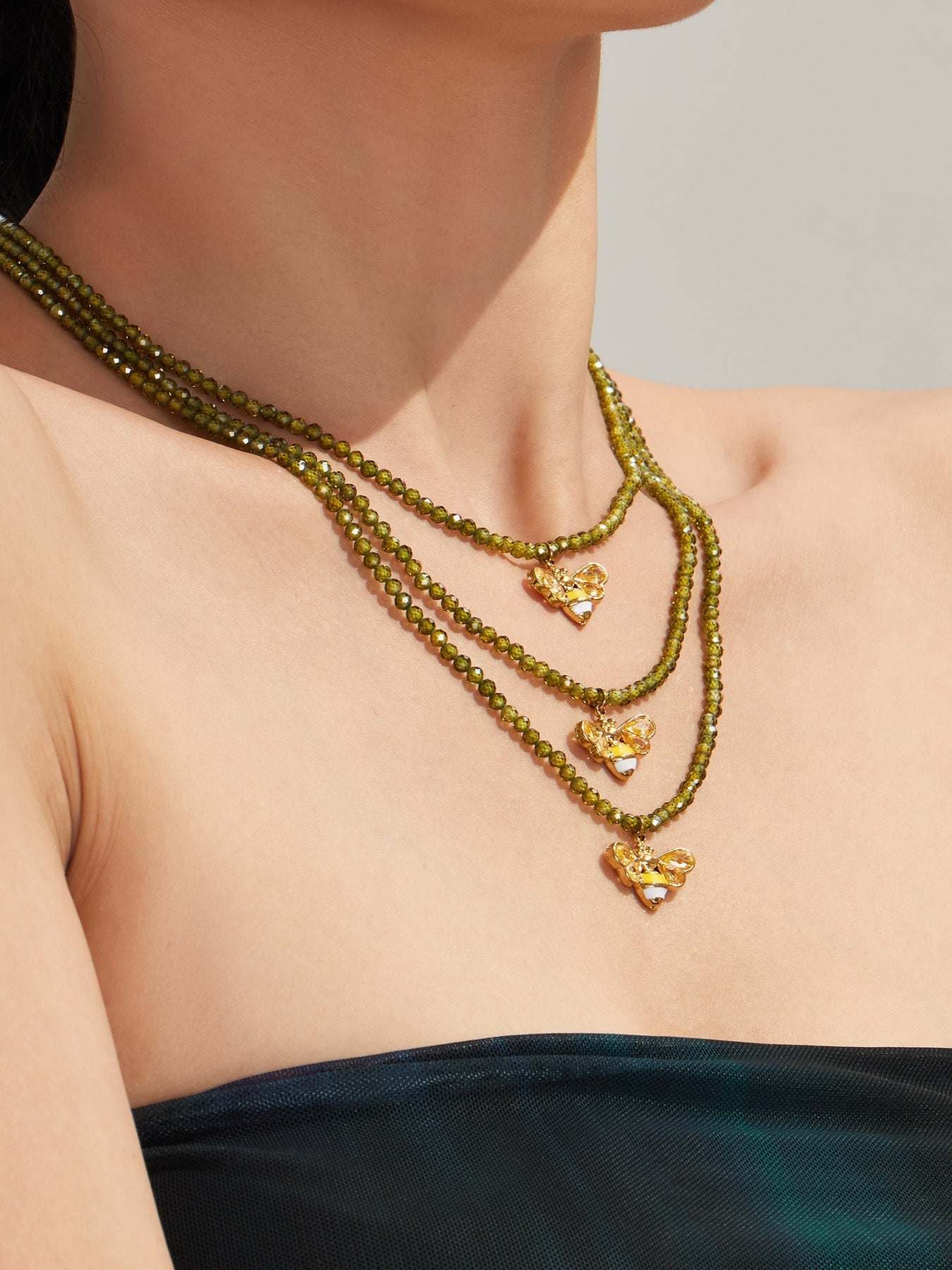 Olive Zircon Bee Pendant Necklace