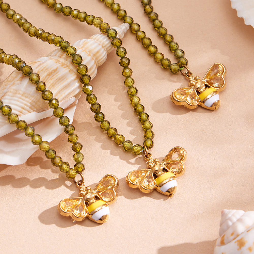 Olive Zircon Bee Pendant Necklace