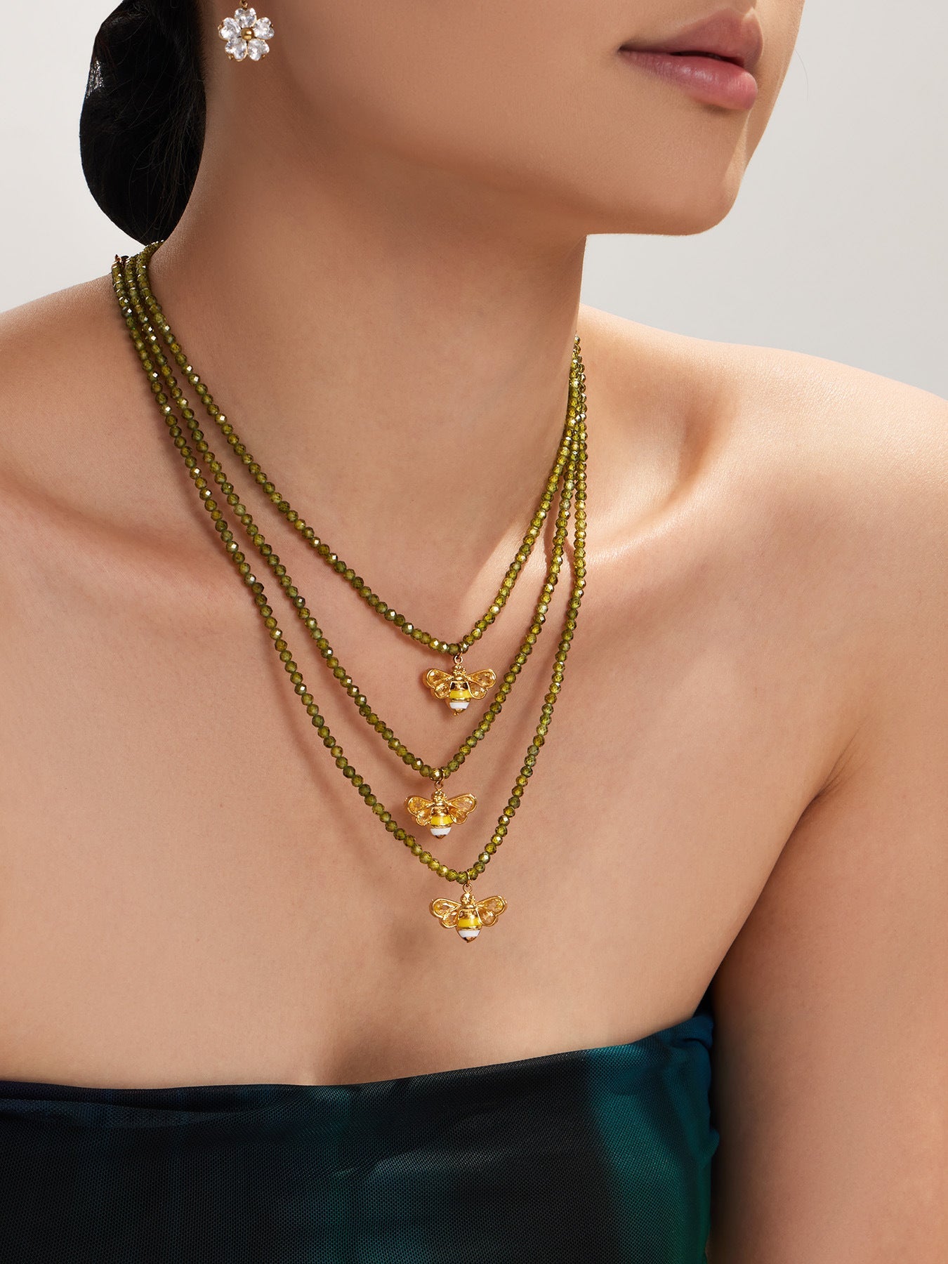 Olive Zircon Bee Pendant Necklace