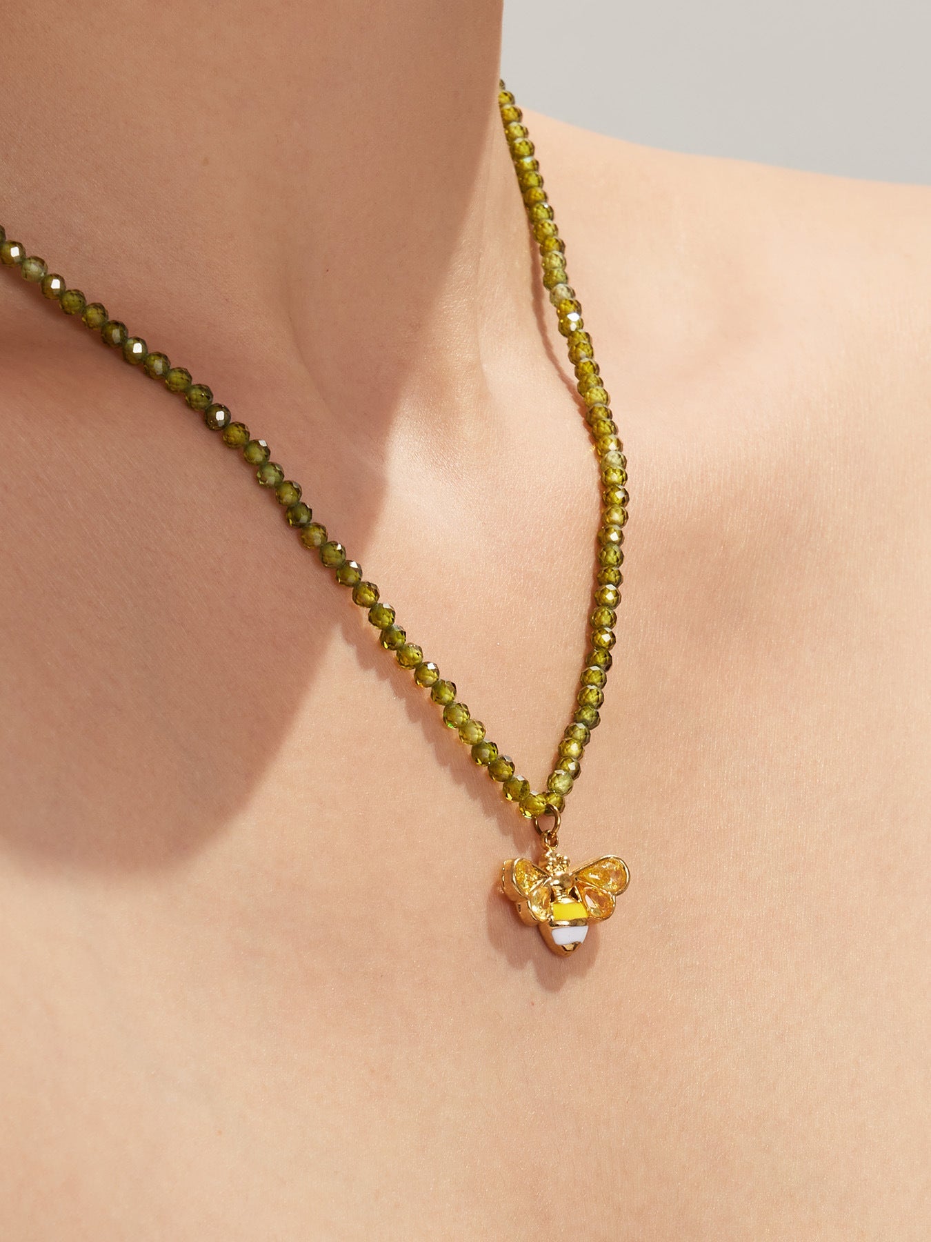 Olive Zircon Bee Pendant Necklace