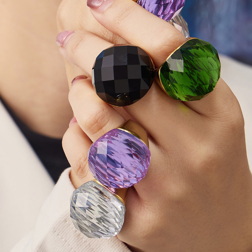 Round Faceted Glass Stone Ring