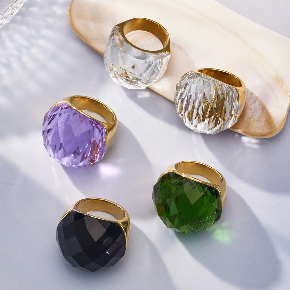 Round Faceted Glass Stone Ring