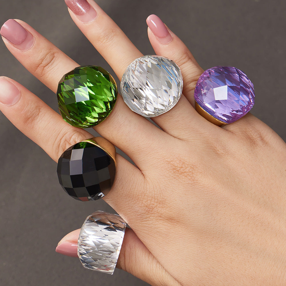 Round Faceted Glass Stone Ring